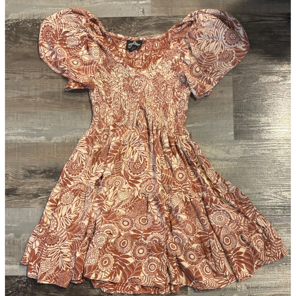 Angie Womens XS Floral Smocked Mini Dress Rust Cream Boho Tiered Rayon Flutter